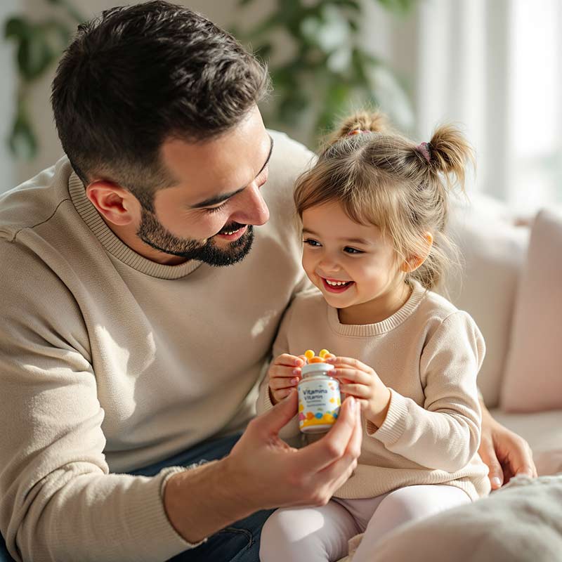 Father giving his daughter a vitamin