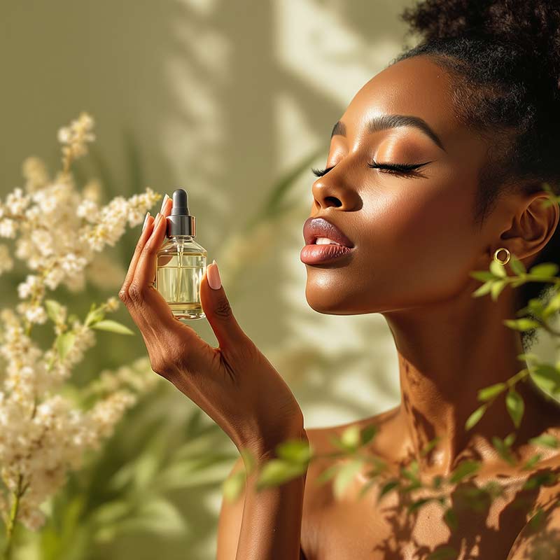 An elegant African American woman gracefully savors the enchanting aroma of a hydrosol product, her eyes gently closed as she immerses herself in the refreshing fragrance. Soft, natural light illuminates her radiant skin, adding warmth to the scene. The surrounding atmosphere, infused with hints of lush botanicals, creates an inviting backdrop that complements her serene expression. Delicate textures of glass and plant materials enhance the realism of the moment, while gentle contrast in the background highlights her composed demeanor. This composition invites the viewer into a tranquil, aromatic experience that embodies relaxation and rejuvenation.